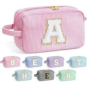 Pink Initial Makeup Bag for Women Teen Girls Travel Cosmetic Toiletry Pouch